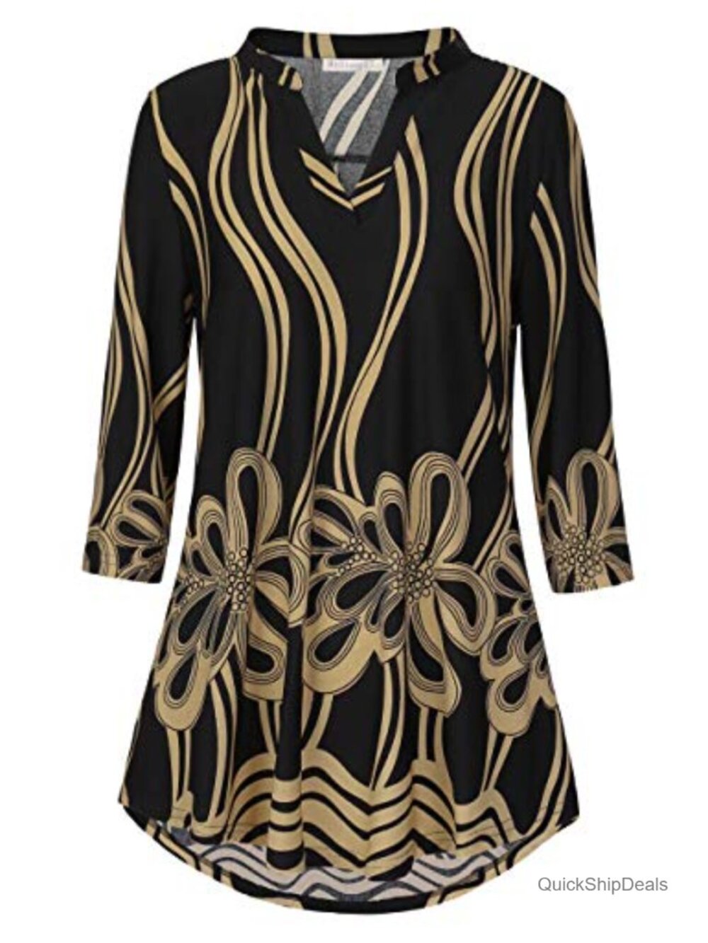 3/4 Sleeve Notch V-Neck Floral Work Blouse